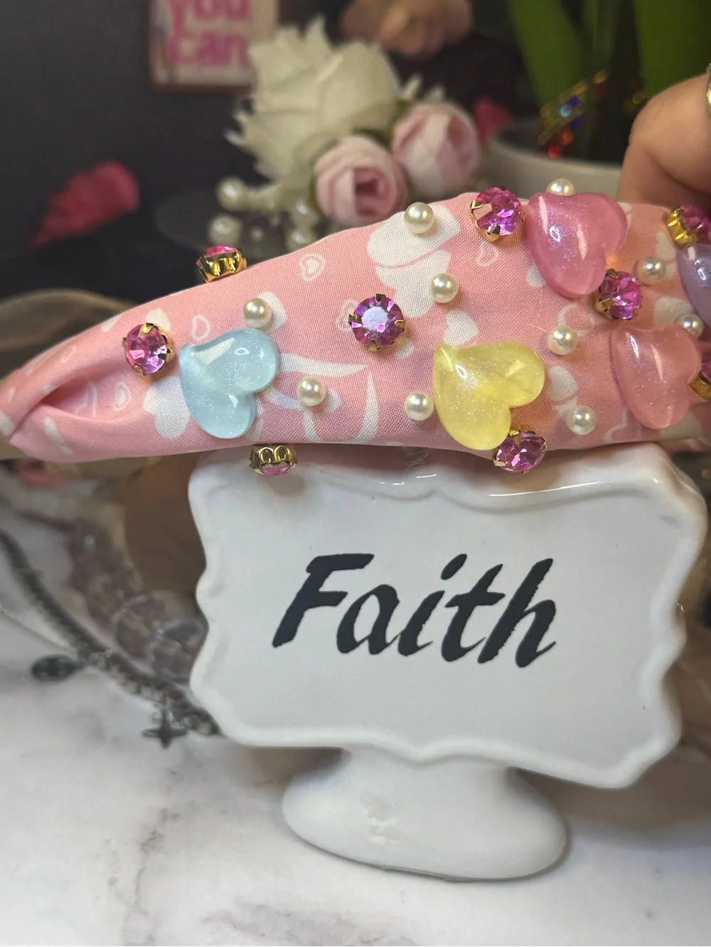 Faith Pink Embellished Heart Kids Headband